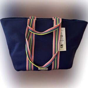 WILDFOX Navy Tote Bag w Colored Straps, Multicolor Pink Yellow Grey Blue Stripes